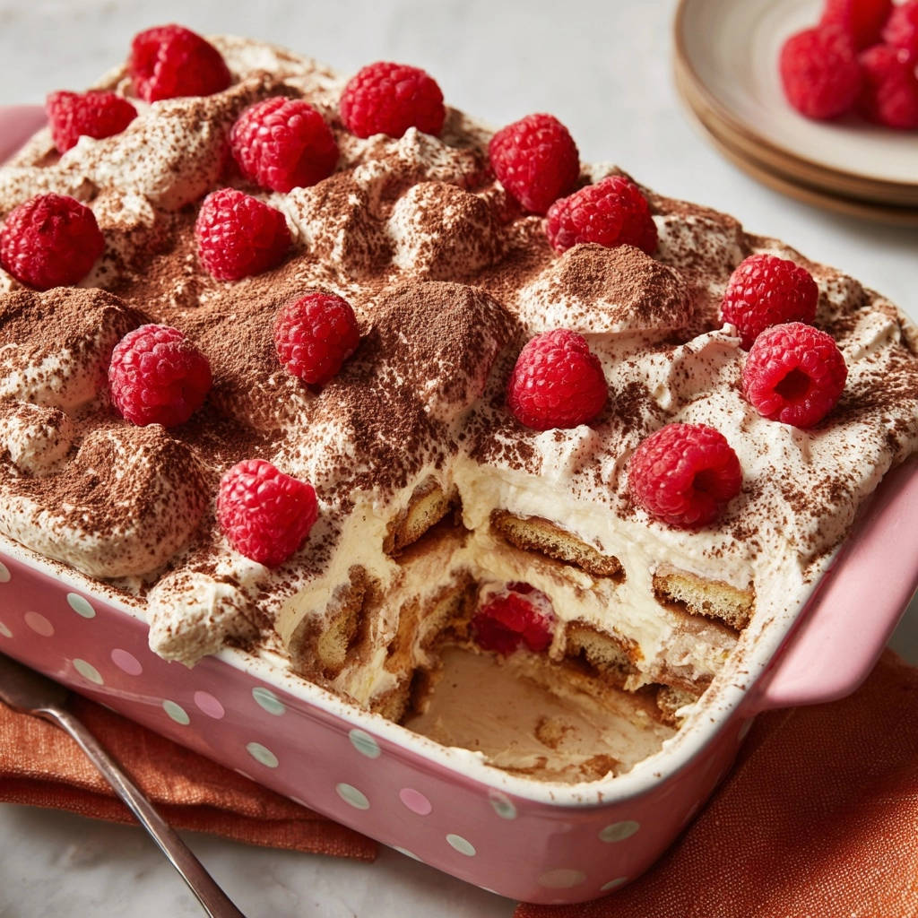 Himbeer-Tiramisu mit Anschnitt, der die geschichteten Löffelbiskuits, Creme und frischen Himbeeren zeigt. Ein köstliches Dessert.