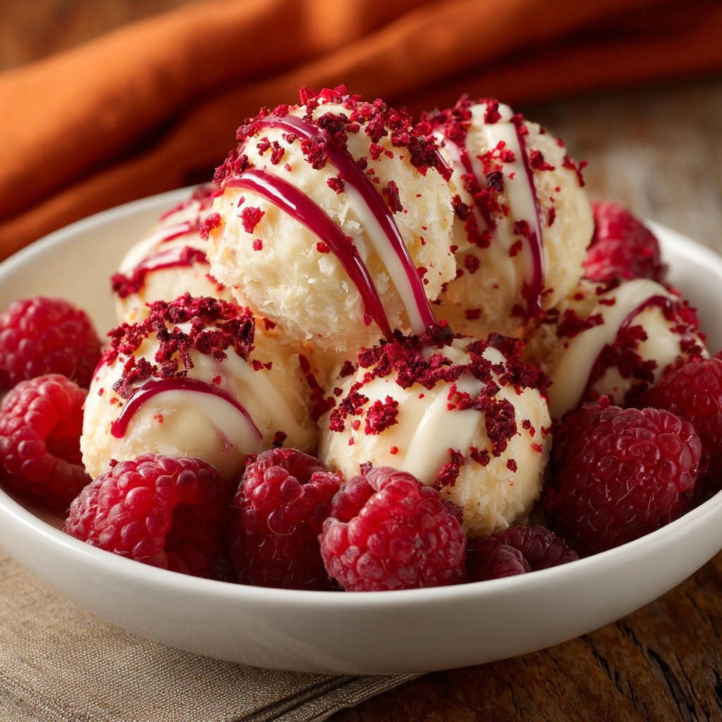 Himbeer-Trüffel garniert mit frischen Himbeeren und einem roten Himbeersirup-Guss, auf einem Teller serviert.