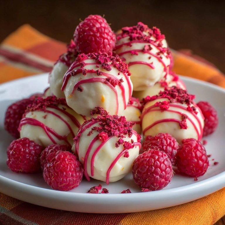 Himbeer-Trüffel, die mit frischen Himbeeren und gefriergetrockneten Himbeerstücken garniert sind, auf einem weißen Teller.