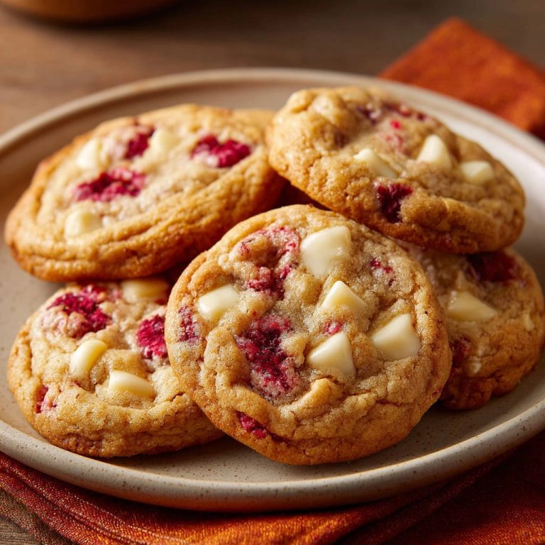 Himbeer-Weiße-Schokolade-Cookies, draufsicht, serviert auf einem hellen Teller mit hellen Schokoladenstückchen und Himbeeren. Diese köstlichen Cookies sind unwiderstehlich saftig.
