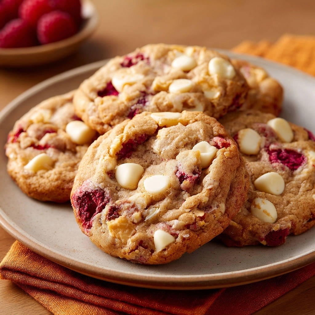 Himbeer Weisse Schokolade Cookies Serviert 1 Himbeer-Weiße-Schokolade-Cookies, serviert auf einem hellen Teller, mit Nahaufnahme der Textur und der Zutaten. Die perfekte Kombination aus süß und fruchtig.