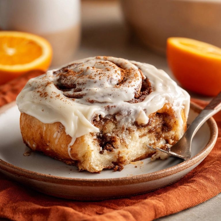 Himmlische Zimtschnecken mit Orangen-Frischkäse-Glasur zeigen einen köstlichen Anschnitt, der die saftige Füllung und den fluffigen Teig enthüllt.
