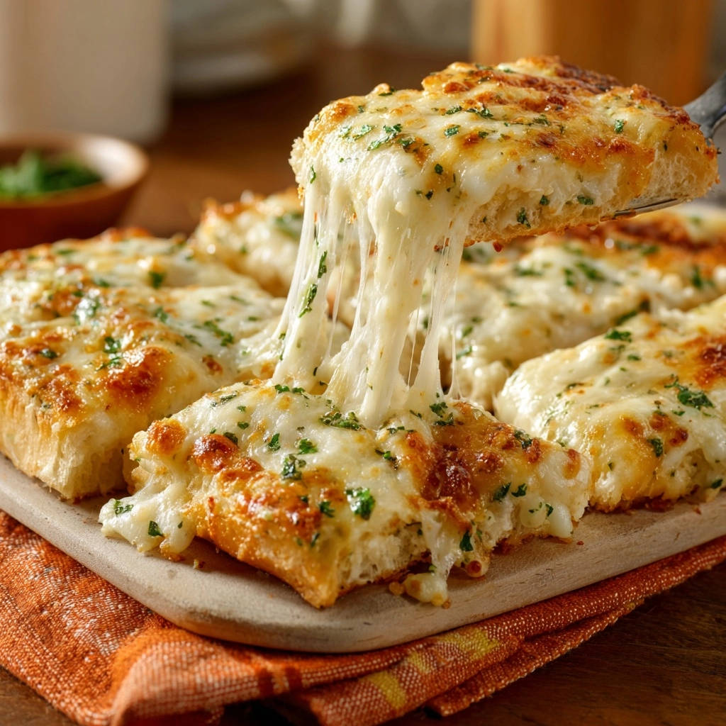 Italienisches Knoblauchbrot mit Käse: Nahaufnahme der geschmolzenen Käsefäden, die sich beim Herausheben von einem Stück ziehen.