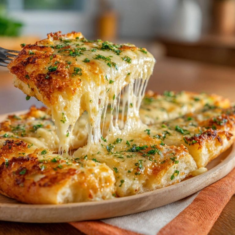 Italienisches Knoblauchbrot mit Käse: Nahaufnahme des geschmolzenen Käses, der sich beim Abheben vom Brot in langen Fäden zieht.