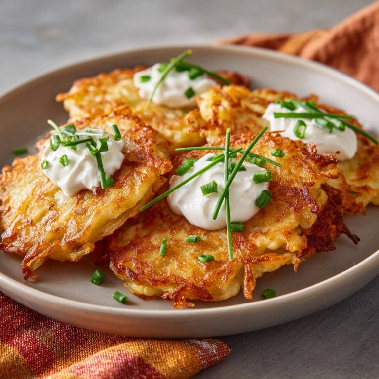 Knusprige Kartoffelpuffer, serviert mit einem Klecks Frischkäse und garniert mit frischem Schnittlauch auf einem Teller.