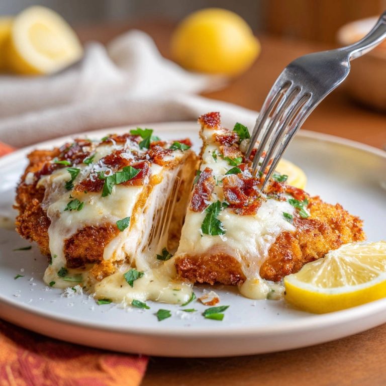 Käse-Knusper-Hähnchen Cordon Bleu Art in Nahaufnahme: Ein saftiger Querschnitt zeigt den geschmolzenen Käse und knusprige Panade.