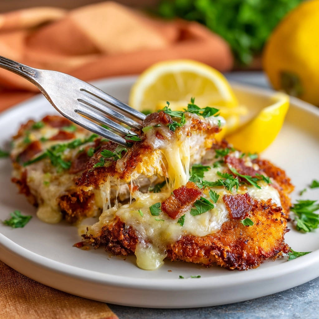 Käse-Knusper-Hähnchen Cordon Bleu Art: Ein verlockender Querschnitt zeigt geschmolzenen Käse, knusprige Panade und knusprigen Speck, garniert mit frischer Petersilie.