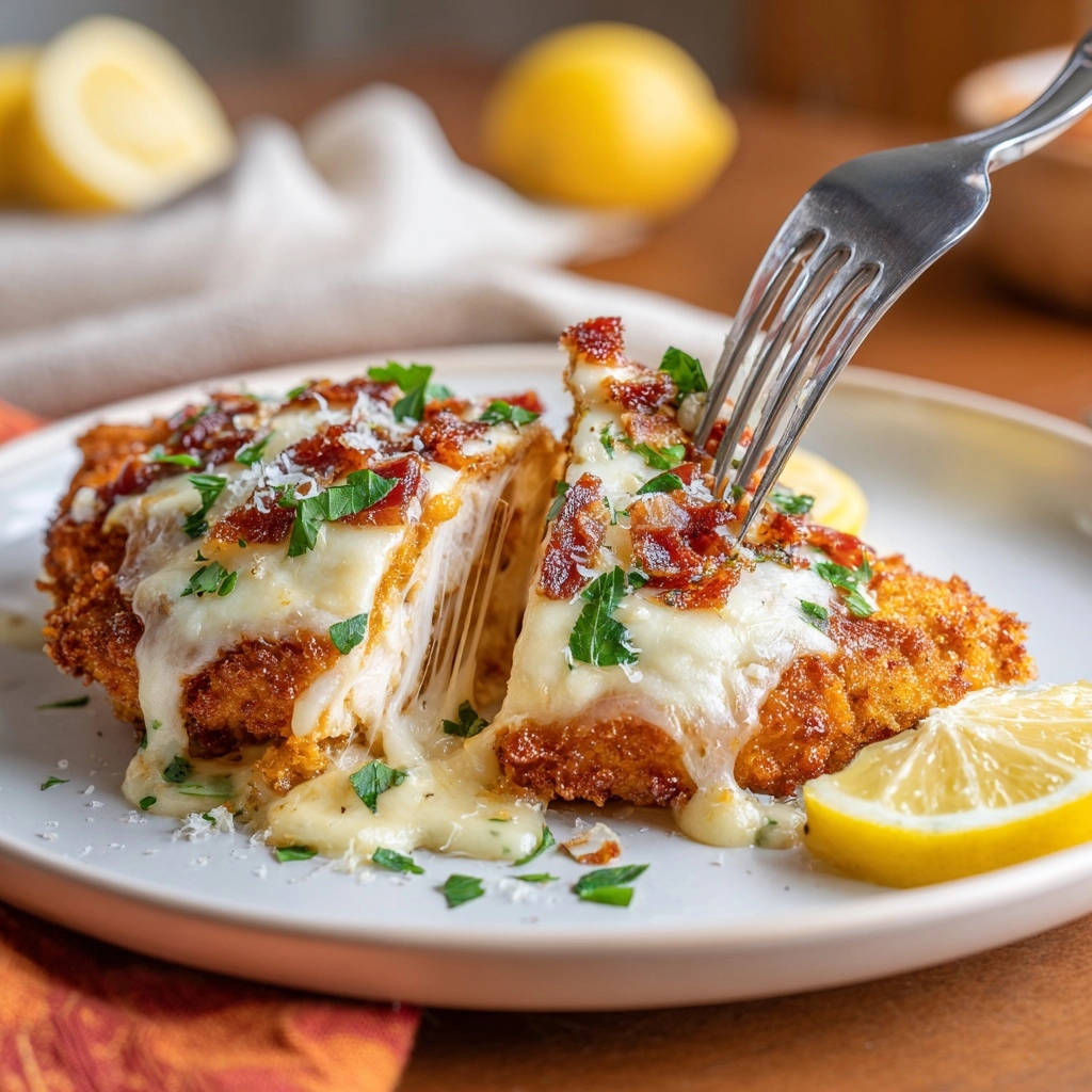 Käse-Knusper-Hähnchen Cordon Bleu Art in Nahaufnahme: Ein saftiger Querschnitt zeigt den geschmolzenen Käse und knusprige Panade.