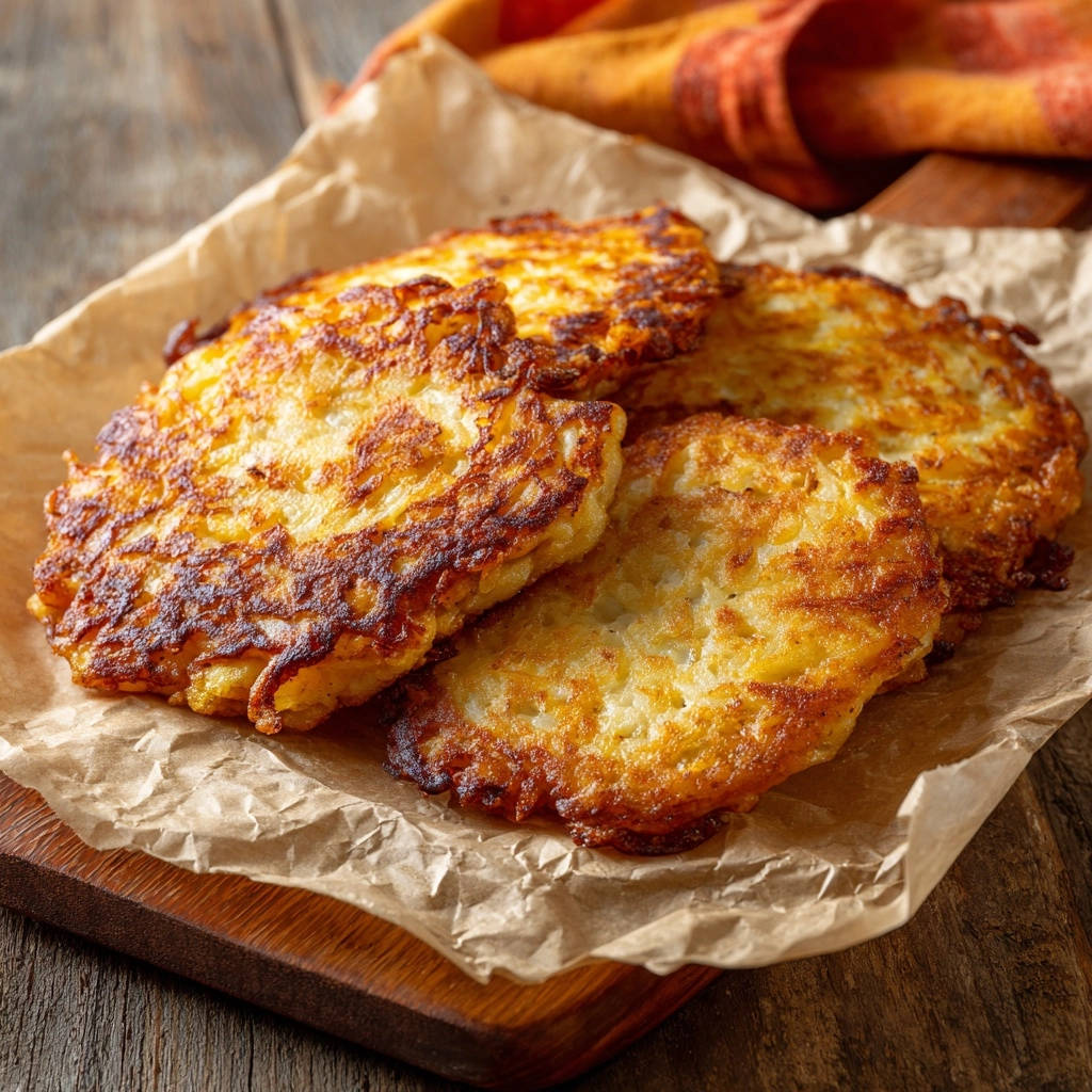 Klassische Kartoffelpuffer, serviert auf Backpapier, zeigen eine appetitliche Draufsicht. Die goldbraun gebratenen Kartoffelpuffer liegen auf einem rustikalen Holzbrett.