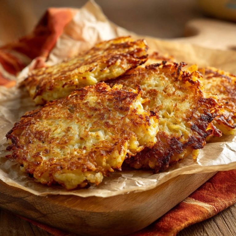 Klassische Kartoffelpuffer, serviert auf Backpapier. Diese Nahaufnahme zeigt die goldbraune Oberfläche und die knusprige Textur der frisch gebratenen Kartoffelpuffer.