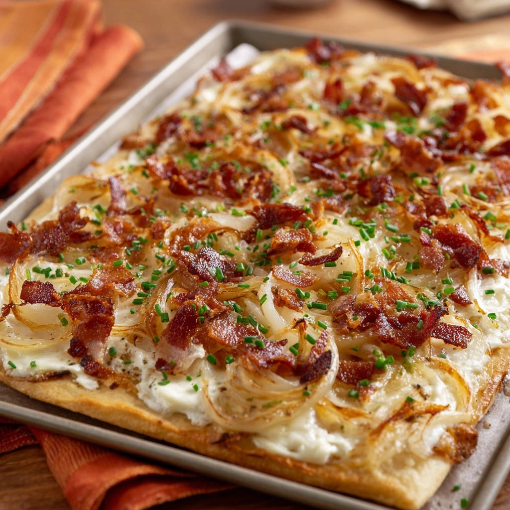 Klassischer Flammkuchen Mit Zwiebeln Und Speck Draufsicht 1 Klassischer Flammkuchen mit Zwiebeln und Speck, von oben gesehen, belegt mit Zwiebeln, Speck und frischen Kräutern, serviert auf einem Blech.