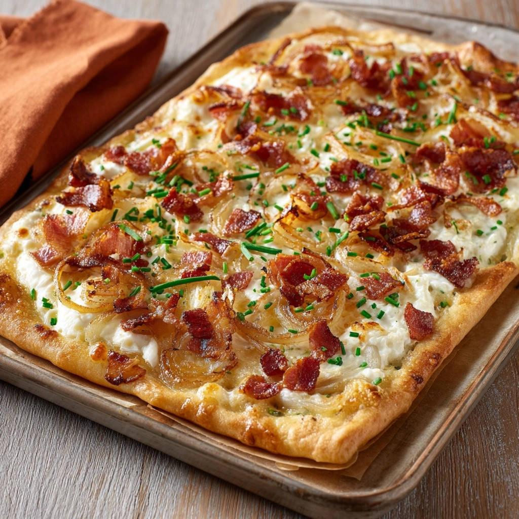 Klassischer Flammkuchen mit Zwiebeln und Speck in der Draufsicht, mit knusprigem Boden, karamellisierten Zwiebeln und knusprigem Speck.