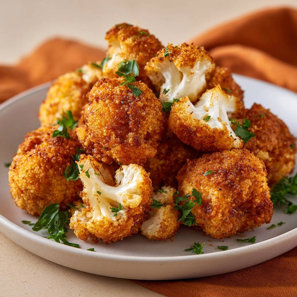 Knusprige Blumenkohl-Nuggets serviert auf einem hellen Teller, garniert mit frischer Petersilie. Die goldbraune Kruste zeigt die perfekte Knusprigkeit.