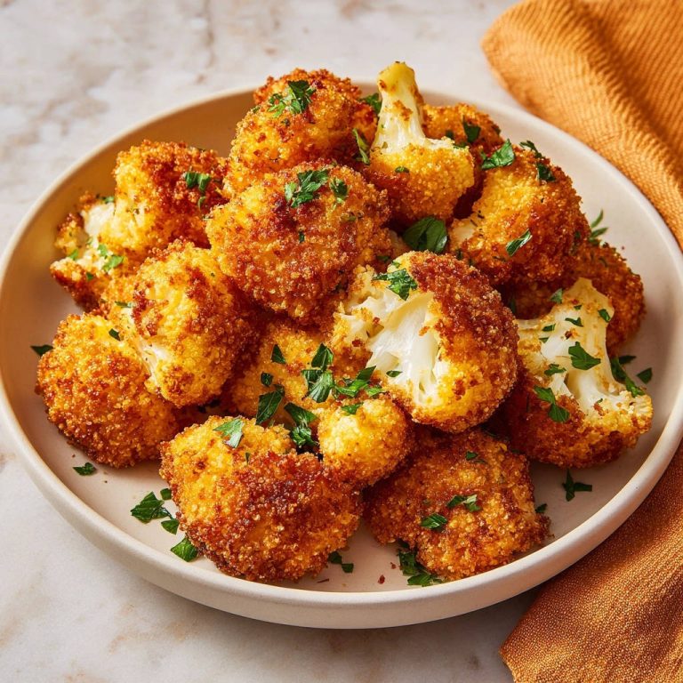 Knusprige Blumenkohl-Nuggets serviert auf einem hellen Teller, garniert mit frischer Petersilie. Die knusprigen Nuggets sind von oben fotografiert.