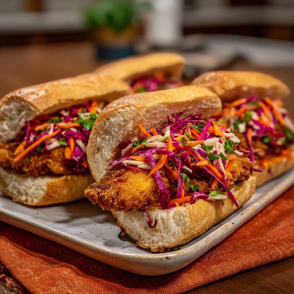 Knusprige Fried Chicken Rolls mit Blitz-Coleslaw serviert auf einem rustikalen Tablett, bereit zum Genuss. Die goldbraunen Brötchen sind üppig gefüllt.
