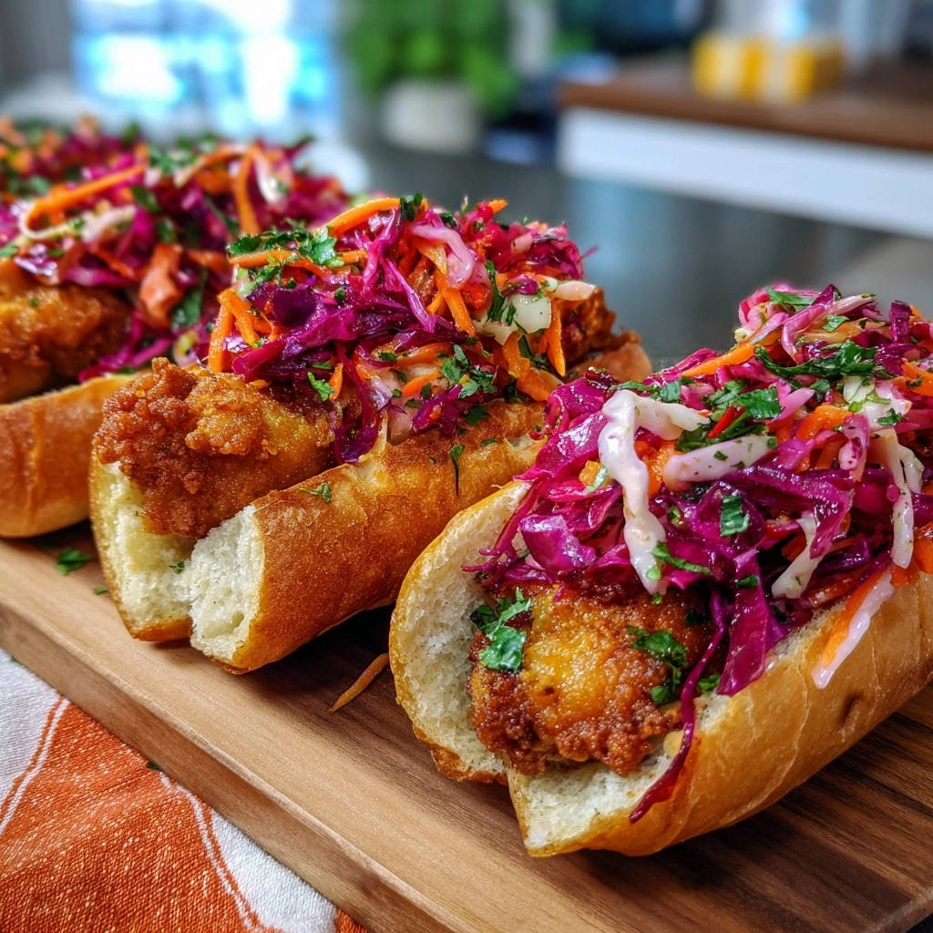 Knusprige Fried Chicken Rolls mit Blitz-Coleslaw in Nahaufnahme, auf einem Holzbrett serviert, mit leuchtenden Farben und frischen Kräutern.