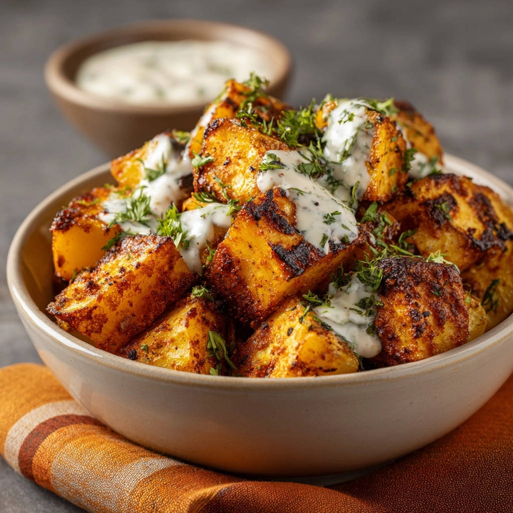 Knusprige Gewuerzkartoffeln Mit Joghurt Dipp Serviert 1 Knusprige Gewürzkartoffeln mit Joghurt-Kräuter-Dipp serviert in einer Schüssel, beträufelt mit cremiger Sauce und Kräutern garniert.