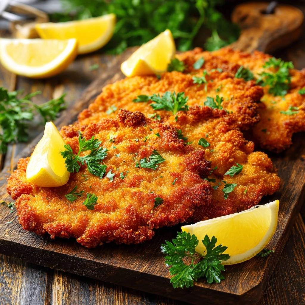 Knusprige Hähnchen-Schnitzel, serviert auf einem rustikalen Holzbrett, garniert mit frischer Petersilie und saftigen Zitronenspalten.