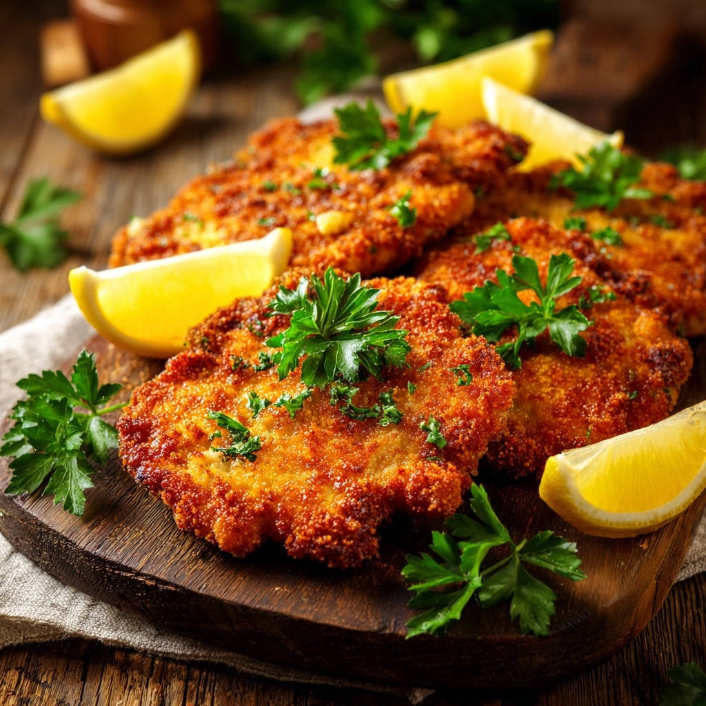 Knusprige Hähnchen-Schnitzel, serviert auf einem rustikalen Holzbrett, garniert mit frischer Petersilie und Zitronenspalten für einen frischen Geschmack.