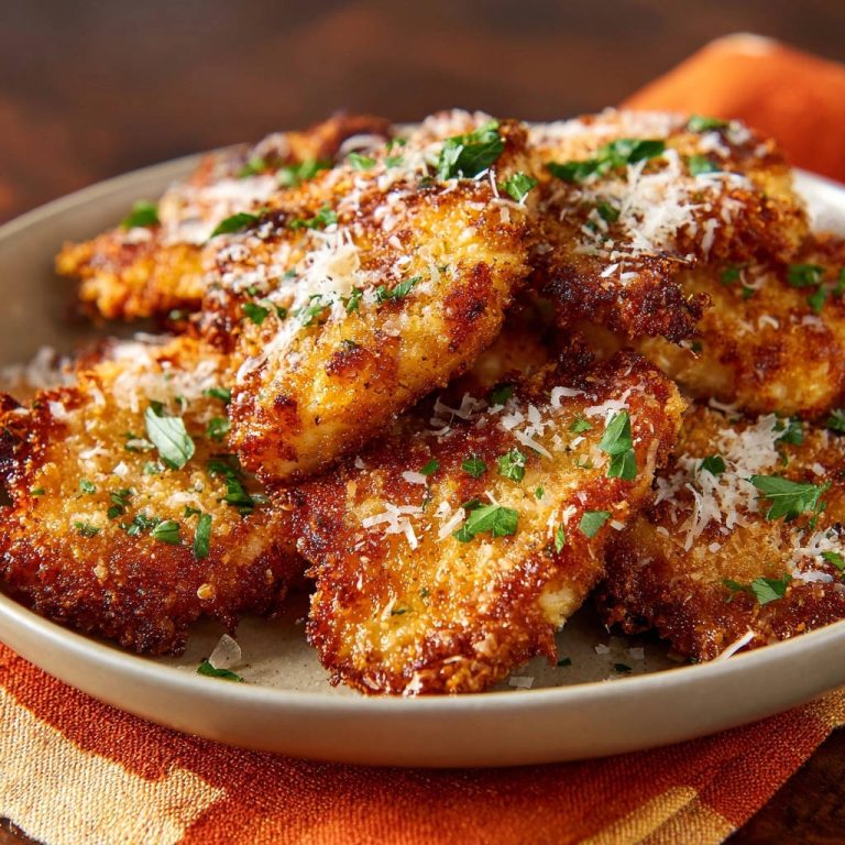 Knusprige Hähnchen-Tenderloins in Nahaufnahme, garniert mit frischer Petersilie und geriebenem Parmesan, serviert auf einem rustikalen Teller.
