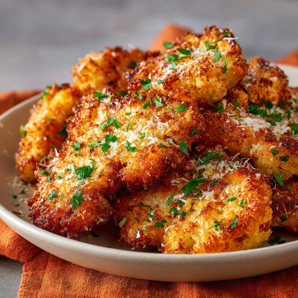 Knusprige Hhnchen Tenderloins Serviert 1 Knusprige Hähnchen-Tenderloins, serviert auf einem Teller, perfekt goldbraun gebacken und mit frischer Petersilie und Parmesan garniert.