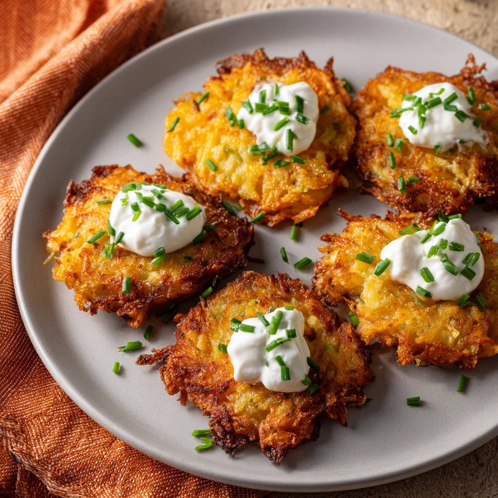 Knusprige Kartoffelpuffer Von Oben Serviert 1 Knusprige Kartoffelpuffer, von oben serviert, mit einem Klecks Sauerrahm und frisch geschnittenen Schnittlauch. Ein Teller voller goldbrauner, köstlicher Kartoffelpuffer.