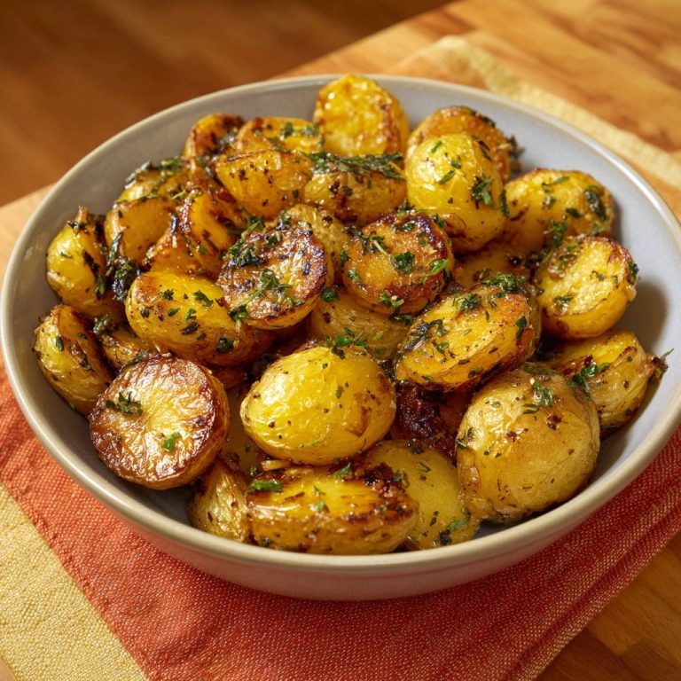 Knusprige Kräuterkartoffeln aus dem Ofen in einer Schüssel von oben, goldbraun gebacken und mit frischen Kräutern garniert.