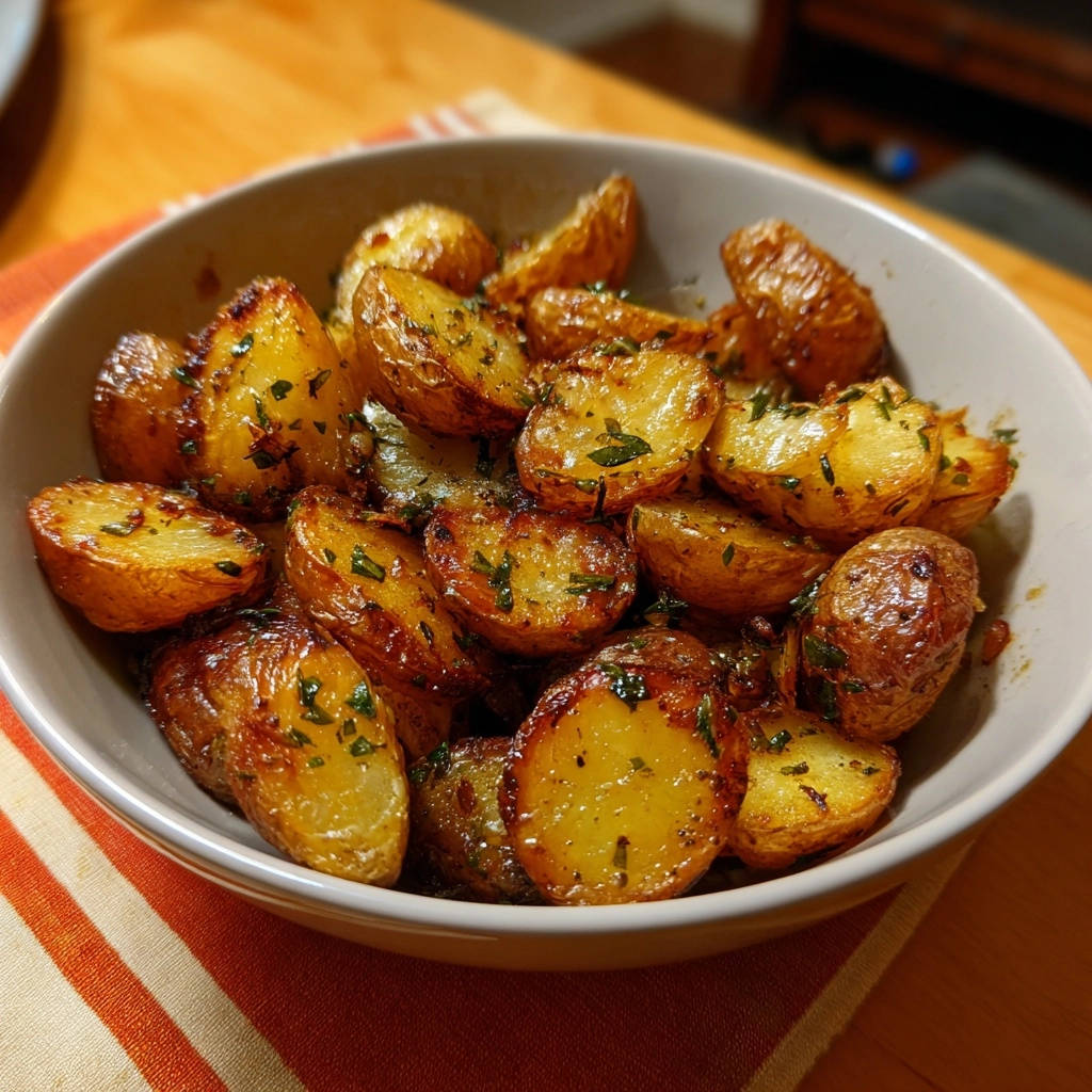 Knusprige Kräuterkartoffeln aus dem Ofen, detailnah mit frischer Petersilie garniert und goldbraun gebacken.