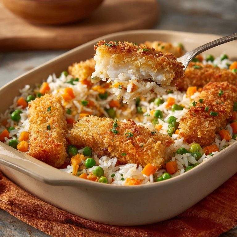 Knusprige Ofen-Fischfilets mit Gemüse-Reis, serviert auf einer Gabel, zeigen die knusprige Panade und den zarten Fisch.