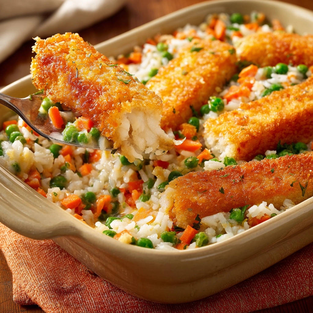 Knusprige Ofen-Fischfilets mit Gemüse-Reis in Nahaufnahme: Ein Fischstäbchen wird auf einer Gabel aus der Auflaufform gehoben, um die Textur zu zeigen.