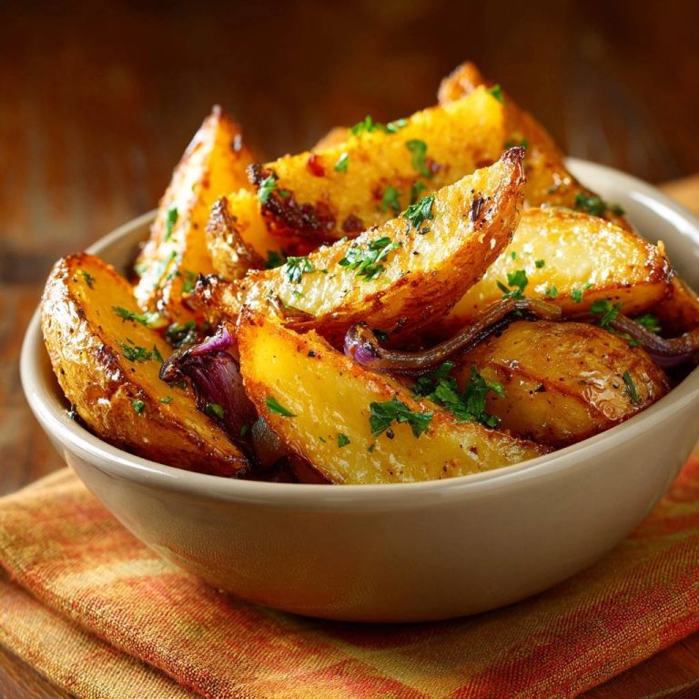 Knusprige Ofenkartoffeln mit Roten Zwiebeln in einer Nahaufnahme, serviert in einer Schüssel mit frischen Kräutern und köstlichen roten Zwiebeln.