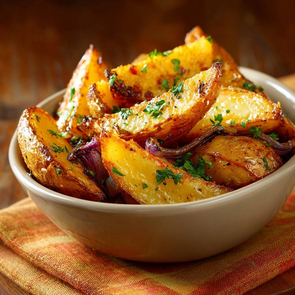 Knusprige Ofenkartoffeln mit Roten Zwiebeln in einer Nahaufnahme, serviert in einer Schüssel mit frischen Kräutern und köstlichen roten Zwiebeln.