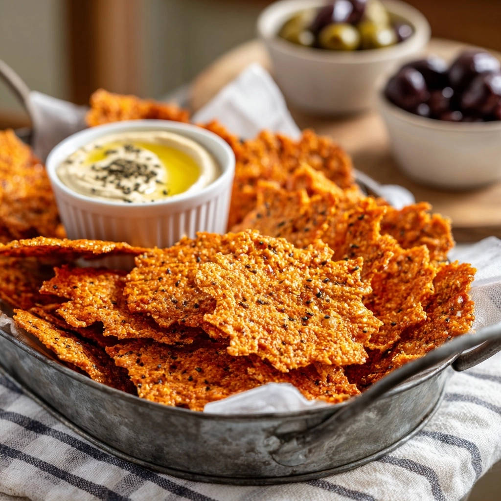 Knusprige Saaten-Käse-Cracker mit Hummus in einer Nahaufnahme, serviert mit cremigem Hummus und Oliven, die zum Dippen einladen.