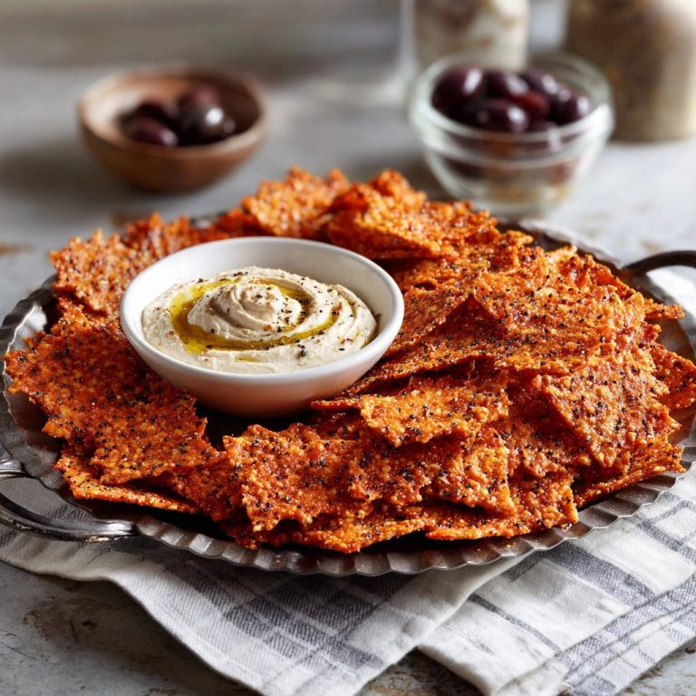 Knusprige Saaten-Käse-Cracker mit Hummus serviert auf einem silbernen Tablett, mit Hummus-Dip und schwarzen Oliven im Hintergrund.