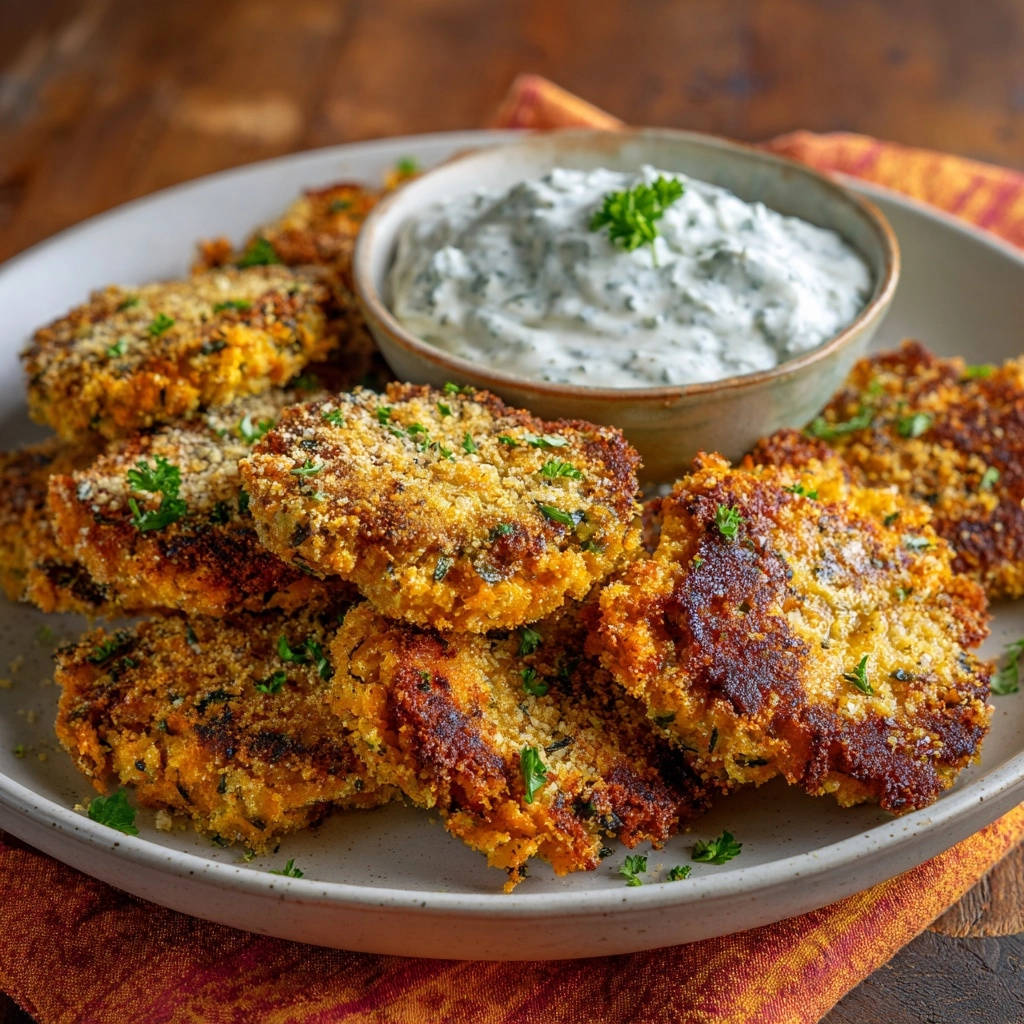 Knusprige Suesskartoffel Patties Serviert 1 Knusprige Süßkartoffel-Patties serviert auf einem Teller mit einem erfrischenden Kräuter-Dip. Die goldbraunen Patties sind mit frischer Petersilie garniert.
