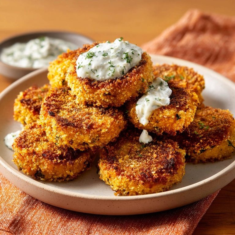 Knusprige Süßkartoffel-Patties serviert auf einem Teller, bedeckt mit einem cremigen Kräuter-Dip, perfekt für ein köstliches Essen.
