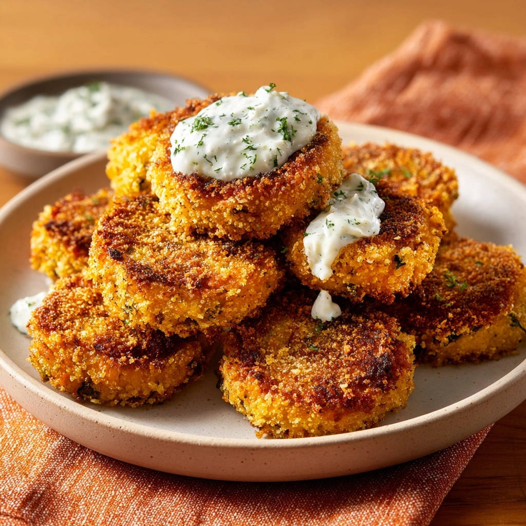 Knusprige Süßkartoffel-Patties serviert auf einem Teller, bedeckt mit einem cremigen Kräuter-Dip, perfekt für ein köstliches Essen.