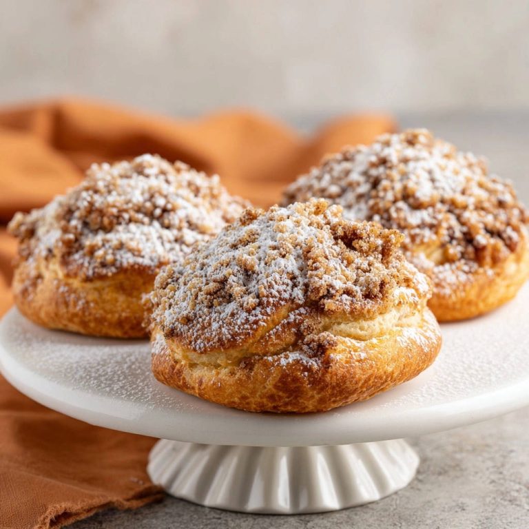 Knusprige Windbeutel mit Craquelin-Topping, nahaufnahme der dekorierten Oberseite mit Puderzucker und Streuseln.
