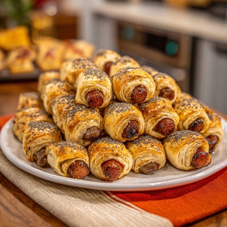 Knusprige Würstchen im Schlafrock, serviert auf einem weißen Teller, von oben fotografiert. Die knusprigen Snacks sind mit Mohn bestreut.