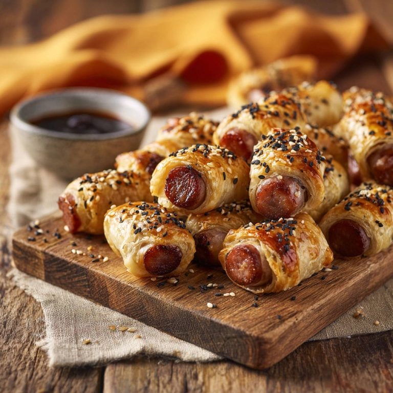 Knusprige Würstchen im Schlafrock in Nahaufnahme, garniert mit Sesamkörnern, präsentiert auf einem rustikalen Holzbrett, serviert mit Dip.