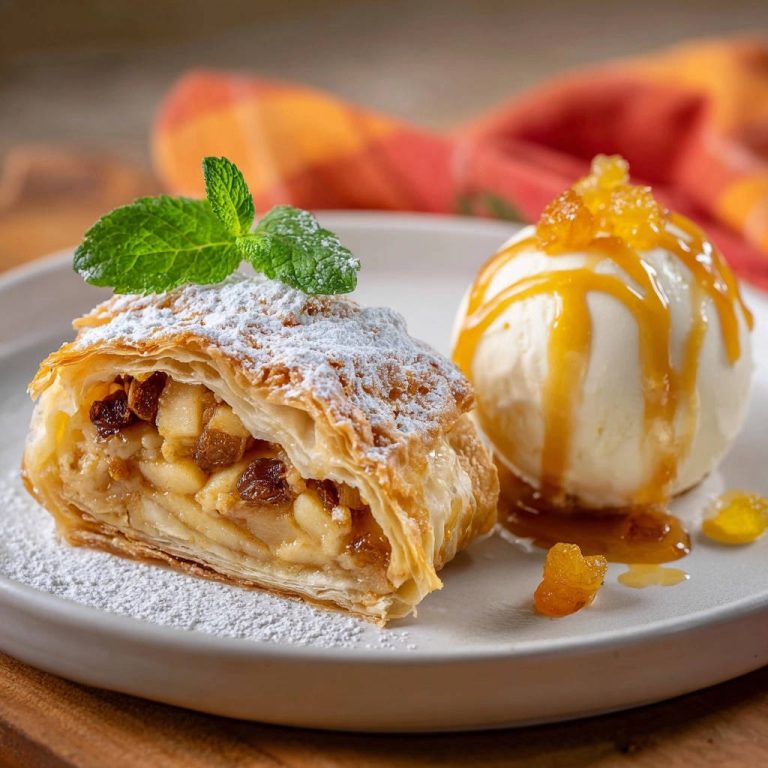 Knuspriger Apfelstrudel mit Vanilleeis, serviert auf einem Teller. Die Nahaufnahme zeigt den köstlichen Querschnitt mit Apfel- und Rosinenfüllung.