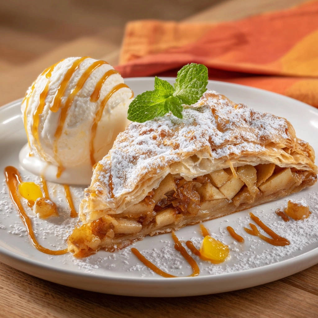 Knuspriger Apfelstrudel mit Vanilleeis, serviert auf einem weißen Teller. Eine Nahaufnahme zeigt den köstlichen Querschnitt der gebackenen Süßspeise.
