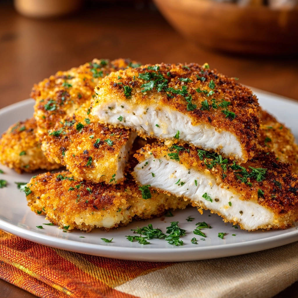 Knuspriges Hahnchenschnitzel Querschnitt Nahaufnahme 1 Knuspriges Hähnchenschnitzel in Nahaufnahme, angeschnitten, zeigt das saftige Innere und die knusprige Panade. Die perfekte Textur für ein leckeres Essen.
