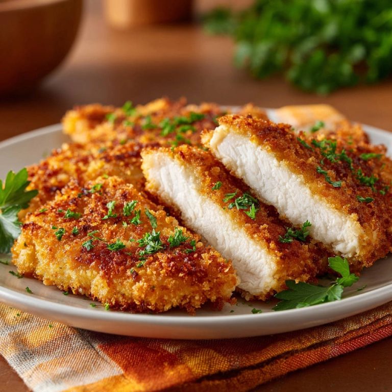 Knuspriges Hähnchenschnitzel in Nahaufnahme: Der saftige, gebratene Hähnchen-Querschnitt zeigt die knusprige Panade und das zarte Fleisch.