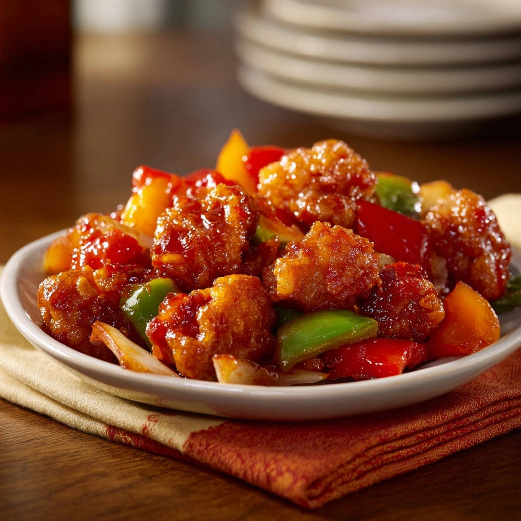 Knuspriges Süß-Sauer Hähnchen auf einem Teller mit Paprika und Ananas, Nahaufnahme des glasierten Hähnchens und Gemüses.