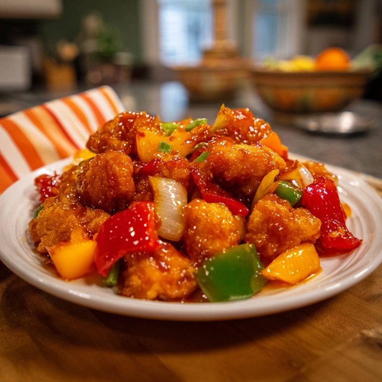 Knuspriges Süß-Sauer Hähnchen serviert auf einem weißen Teller mit buntem Gemüse, bereit zum Servieren und Genießen.