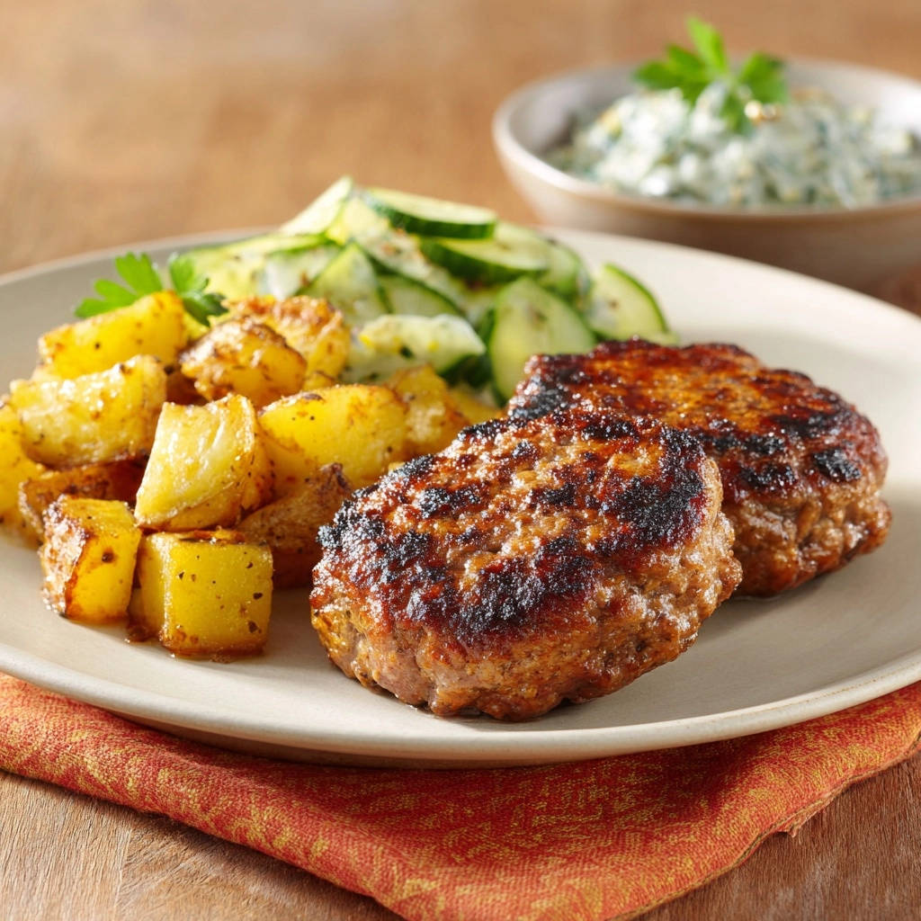 Lamm Patties Mit Rosmarinkartoffeln Serviert 1 Lamm-Patties mit Rosmarinkartoffeln und Tsatsiki serviert auf einem Teller mit gebratenem Fleisch, Kartoffeln und Gurkensalat.