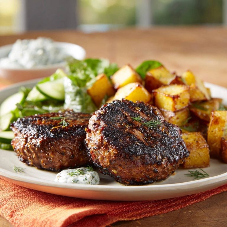 Lamm-Patties mit Rosmarinkartoffeln und Tsatsiki serviert auf einem Teller. Die saftigen Patties sind mit Rosmarin garniert, serviert mit Bratkartoffeln und Tsatsiki.