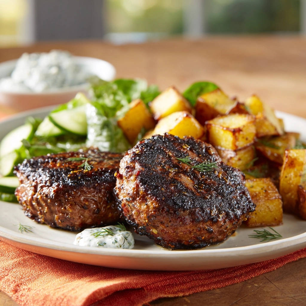 Lamm-Patties mit Rosmarinkartoffeln und Tsatsiki serviert auf einem Teller. Die saftigen Patties sind mit Rosmarin garniert, serviert mit Bratkartoffeln und Tsatsiki.