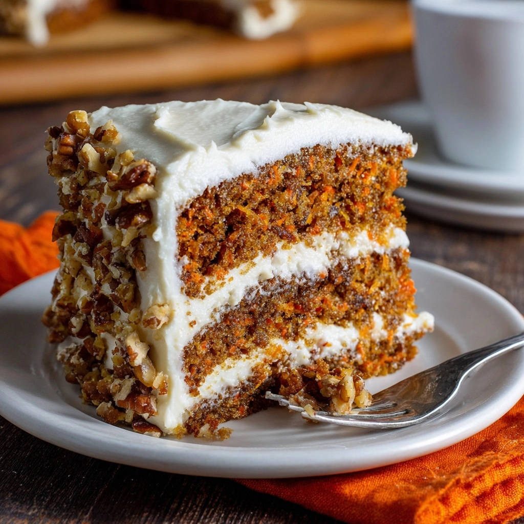 Mein unwiderstehlicher Karottenkuchen mit cremigem Frischkäsefrosting, serviert als detailreicher Anschnitt, zeigt die saftigen Schichten.